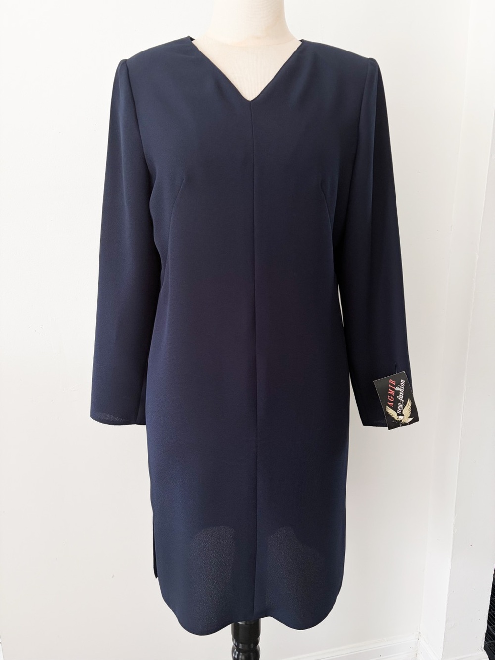 Vintage AGMIR Classic Navy V-Neck Long Sleeve Dress, Size M - Made in Europe